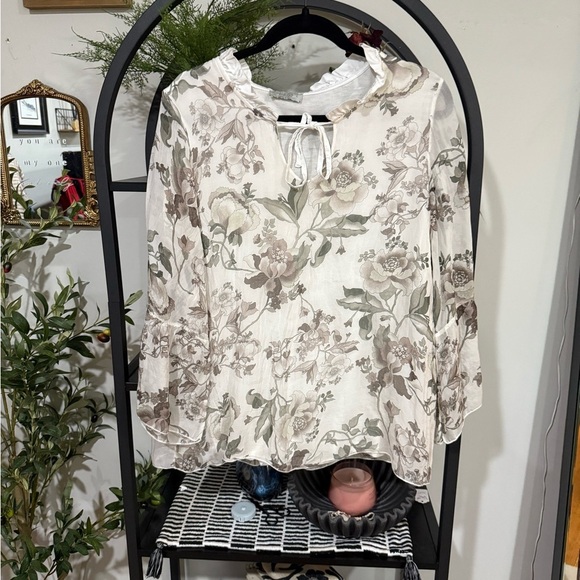 angelar Tops - Cream Relaxed Tie Front Blouse floral made in italy size large